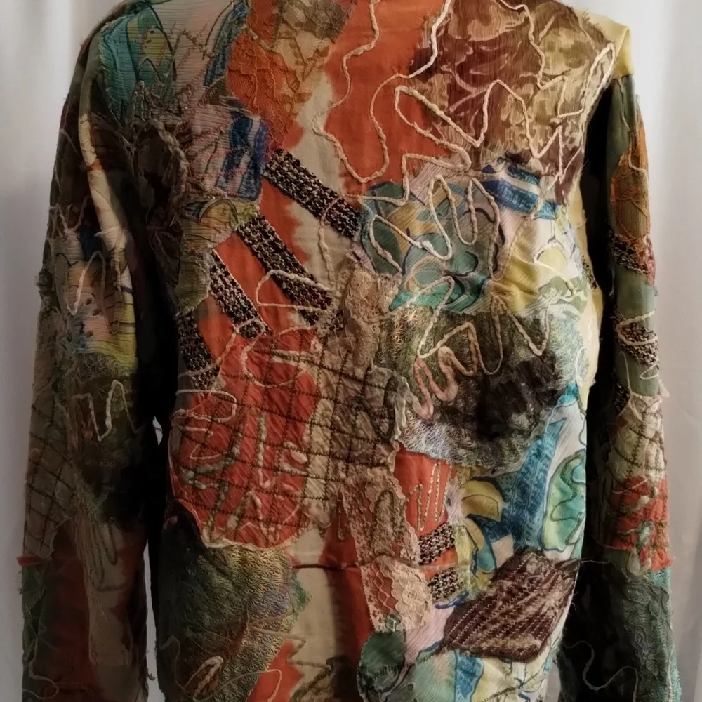 Chico's mandarin button front tapestry patchwork cotton loose fitting jacket top - Picture 6 of 10